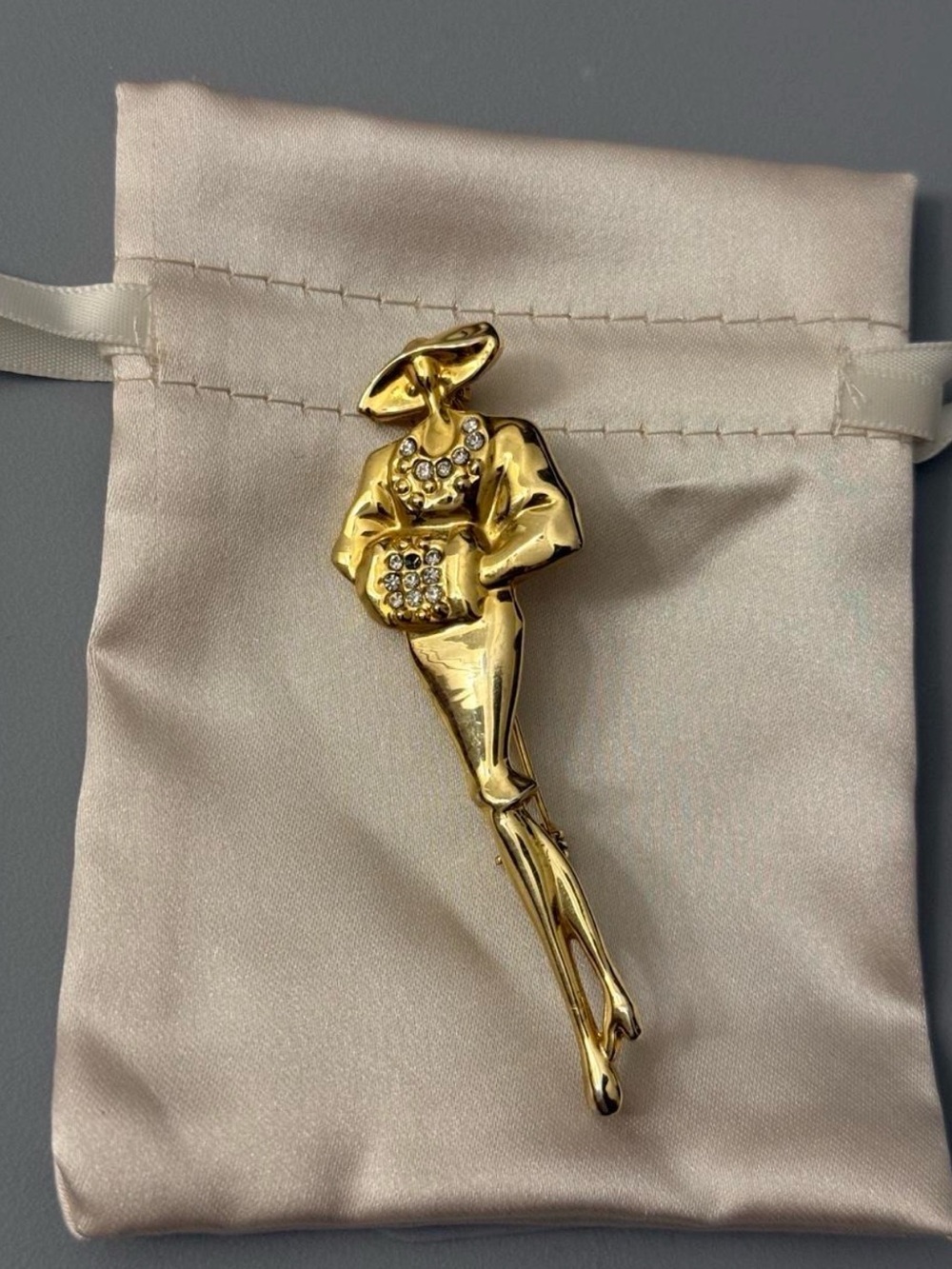 Gold Woman Figure Brooch with Crystal Accents - Elegant Women's Accessory
